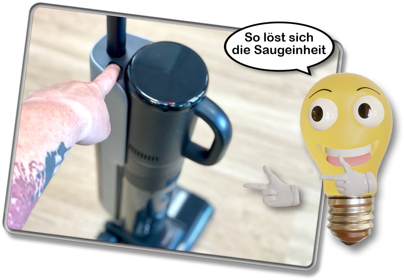 Durch Drücken des Knopfes seitlich am Display löst sich die Saugeinheit