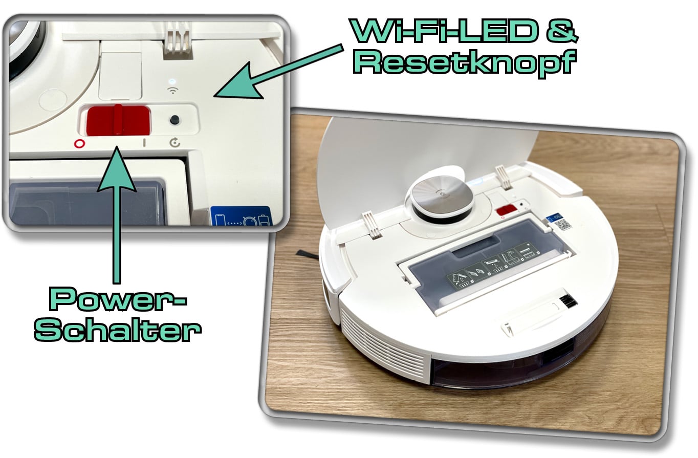 ECOVACS Deebot N10 Plus - Unter dem Deckel findest du den Staubbehälter, einen Resetknopf und eine Wi-Fi-LED