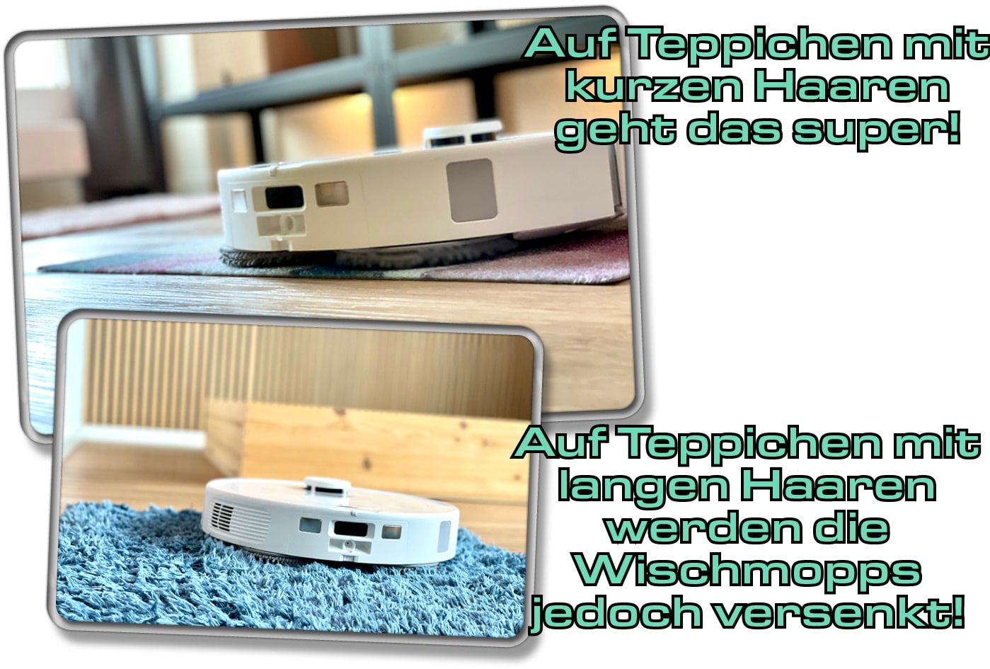 Roborock Q Revo - Der Saug-Wischroboter hebt seine Wischmopps auf Teppichboden in die Höhe. Zu lange Teppiche jedoch vermiesen ihm die Tour