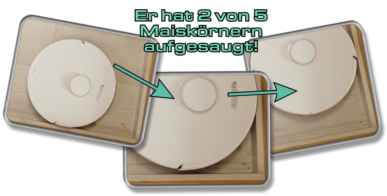 Der Roborock S7 Max Ultra hat in unserem Test zwei von fünf Maiskörnern wieder aufgesaugt, die wir in einer Ecke verteilt haben