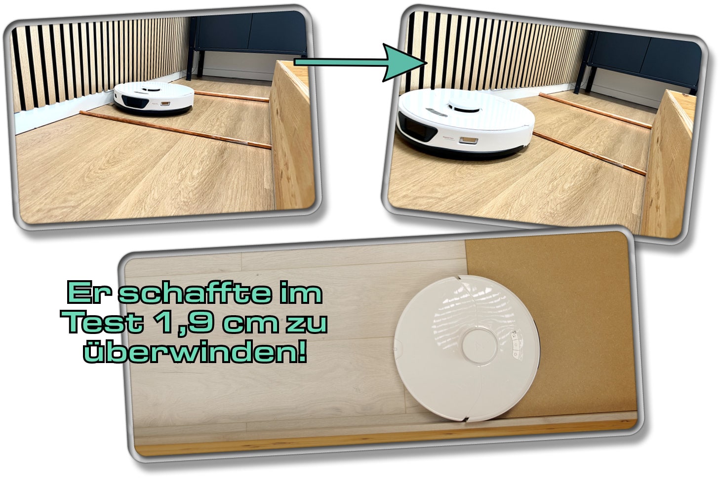 Der Roborock S7 Max Ultra konnte in unserem Test keine 2 cm überwinden. Dafür packte er locker 1,9 cm. 
