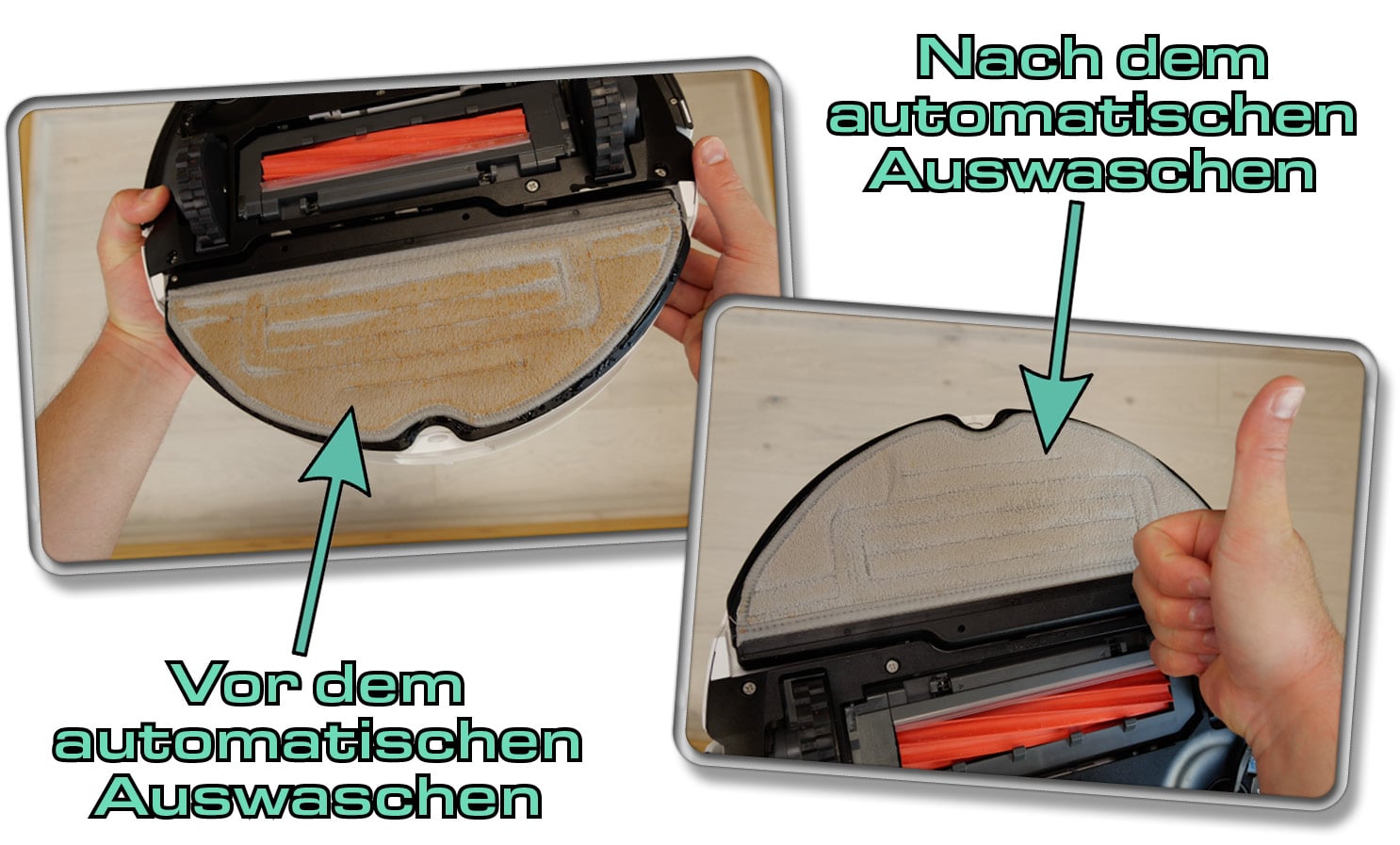 Wir zeigen, wie hervorragend die Reinigungsstation des Roborock S7 Max Ultra das Wischpad nach jeder Reinigung auswäscht. 