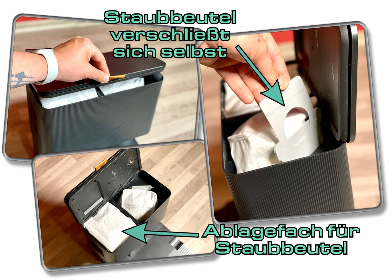 Der Staubbeutel der Absaugstation des iRobot Roomba Combo j7+ verschließt sich bei Entnahme selbstständig. 
