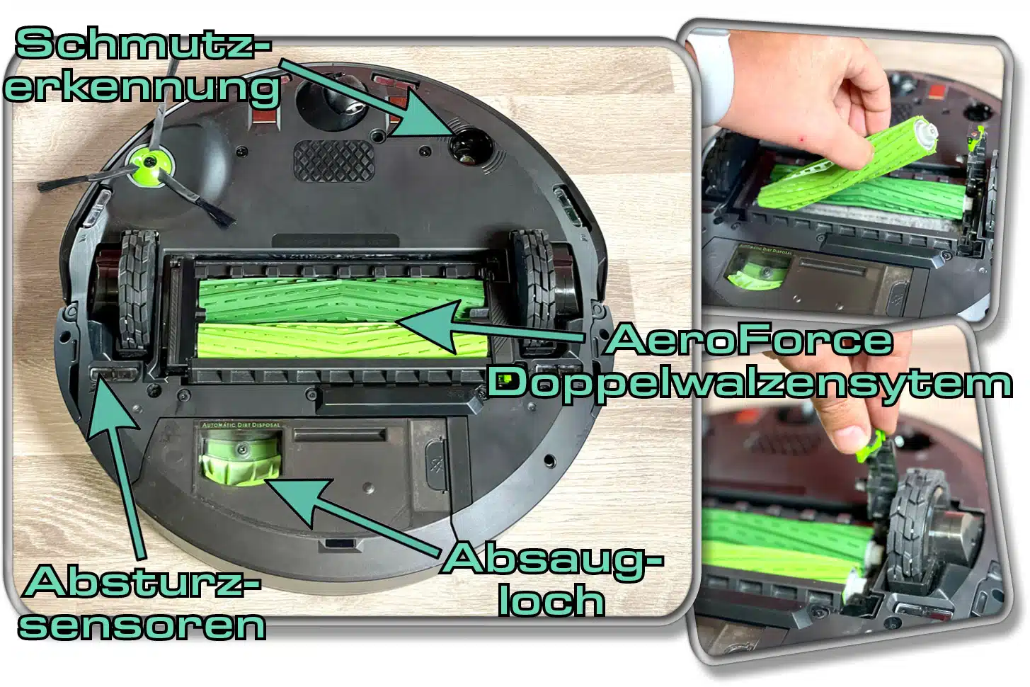 Ein Doppelwalzensystem namens AeroForce findet man auf der Unterseite des iRobot Roomba Combo j7+