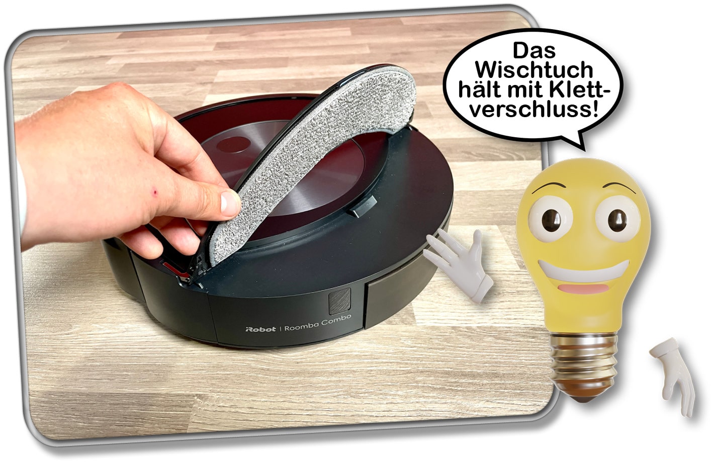 Das Wischtuch ist via Klettverschluss an der Wischplatte des iRobot Roomba Combo j7+ befestigt. 