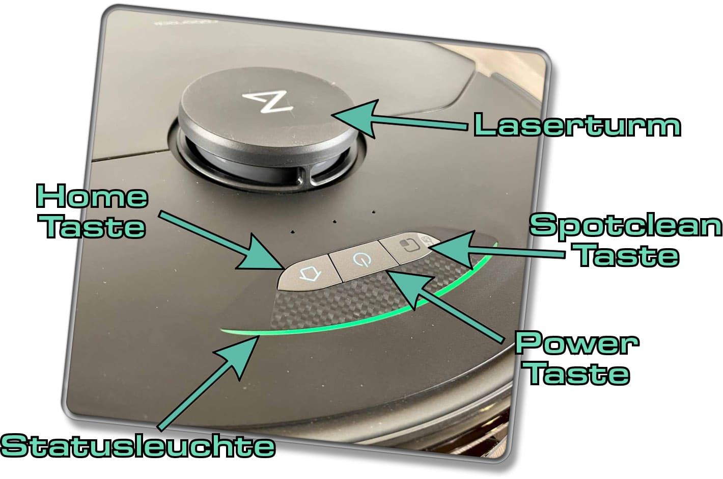 Auf der Oberseite des Roborock S7 MaxV Ultra gibt es verschiedene Bedienelemente, eine Statusleuchte und einen Laserturm