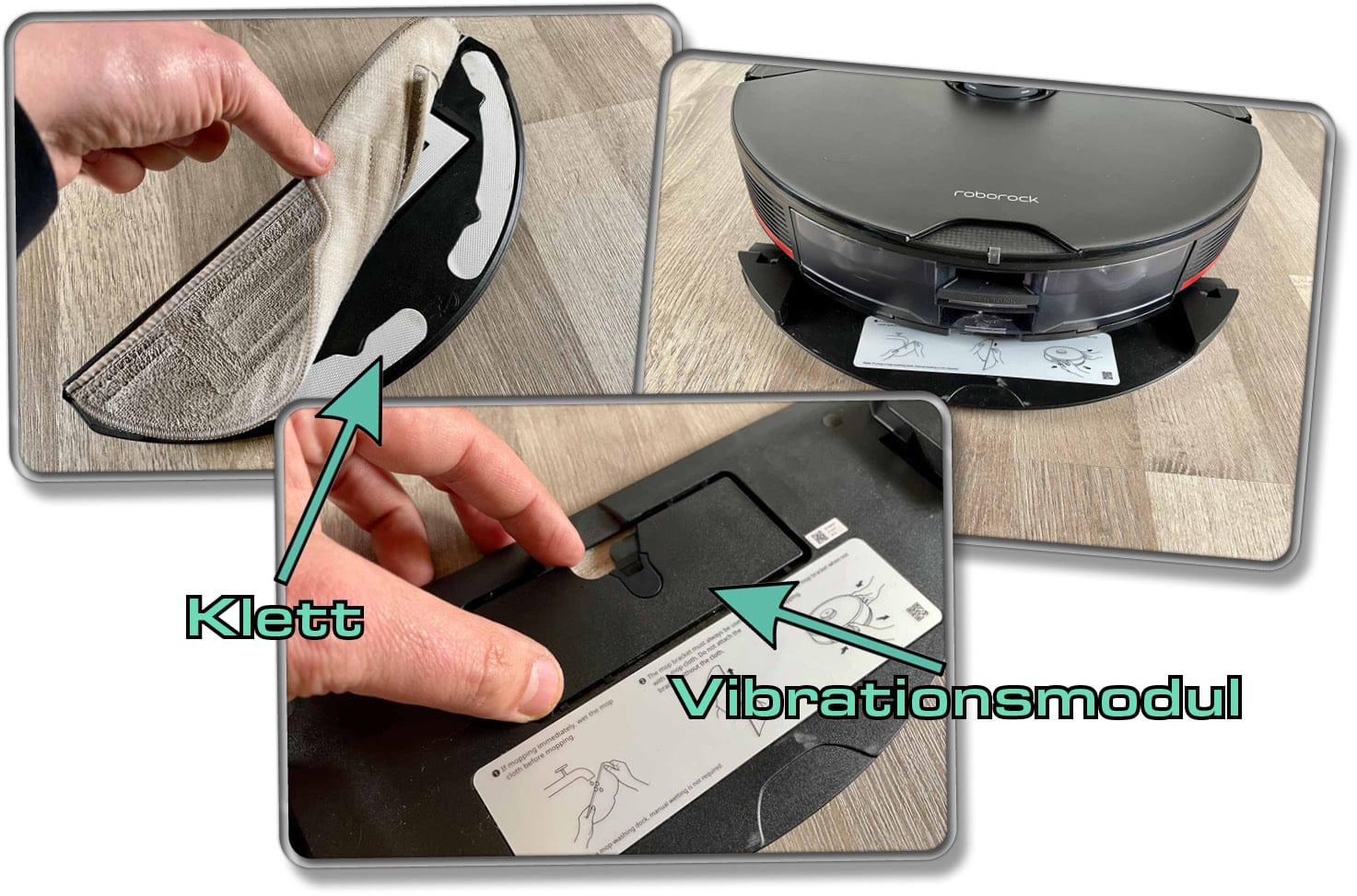 Das Wischtuch des Roborock S7 MaxV Ultra ist an einer herausnehmbaren Wischplatte befestigt und besitzt ein Vibrationsmodul.