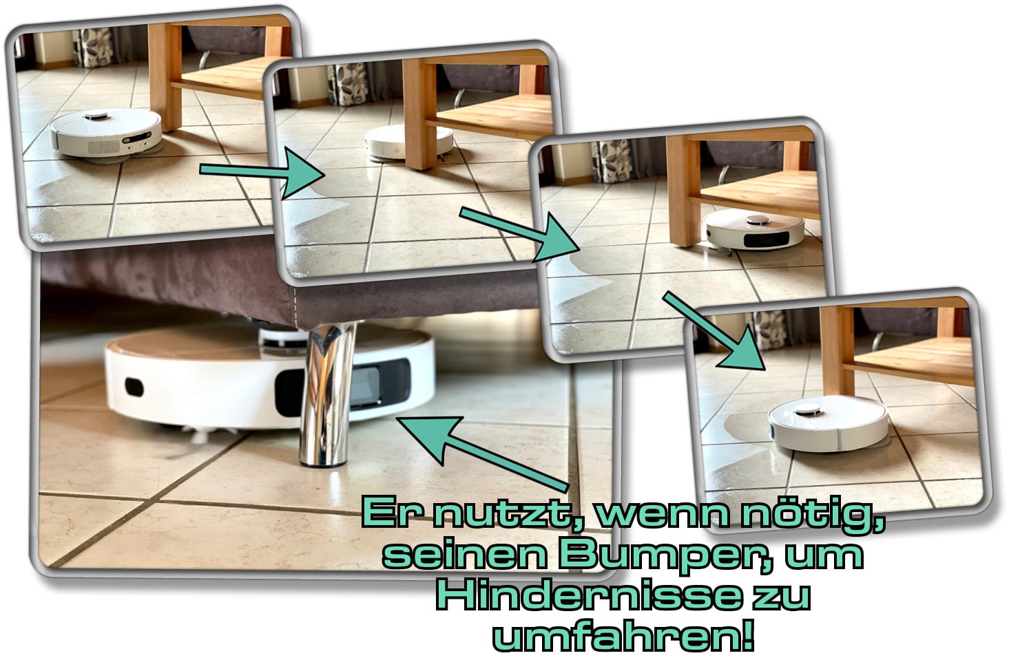 Er nutzt gerne seinen Bumper, da der Dreame L10 Ultra keine Obstacle Avoidance an Bord hat. Dennoch geht er vorsichtig mit größeren Hindernissen um