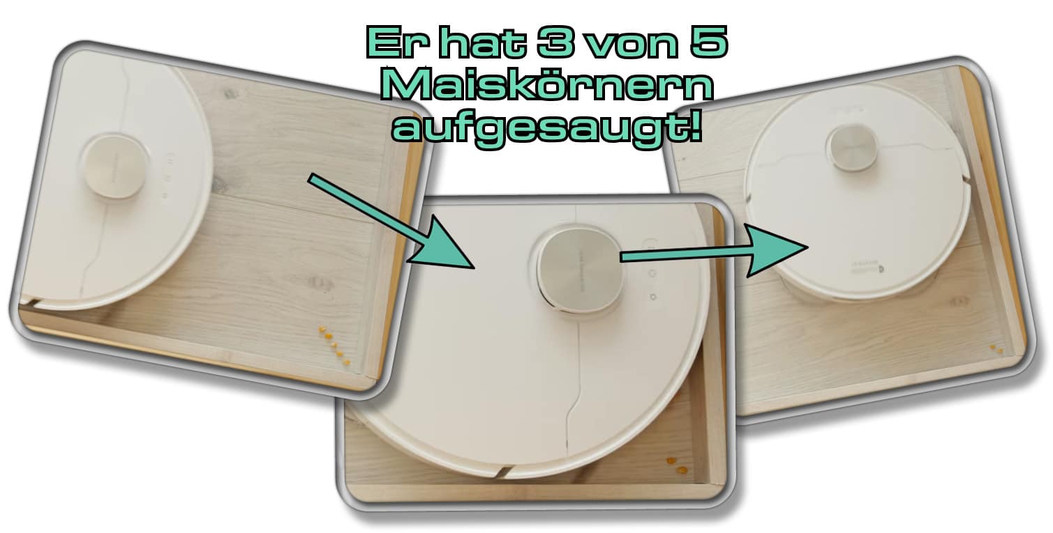 Im Test zur Eckenreinigung hat er drei von fünf Maiskörnern aus der Ecke fegen können. Das ist ein durchschnittlich gutes Ergebnis