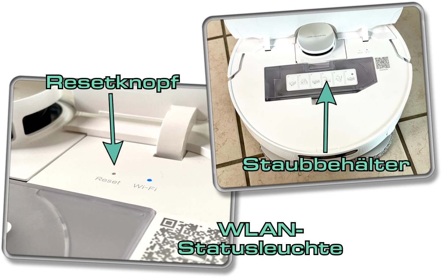 Unter der Klappe des Dreame L10 Ultra findet man den Staubbehälter, eine WLAN-LED und ein Resetknopf