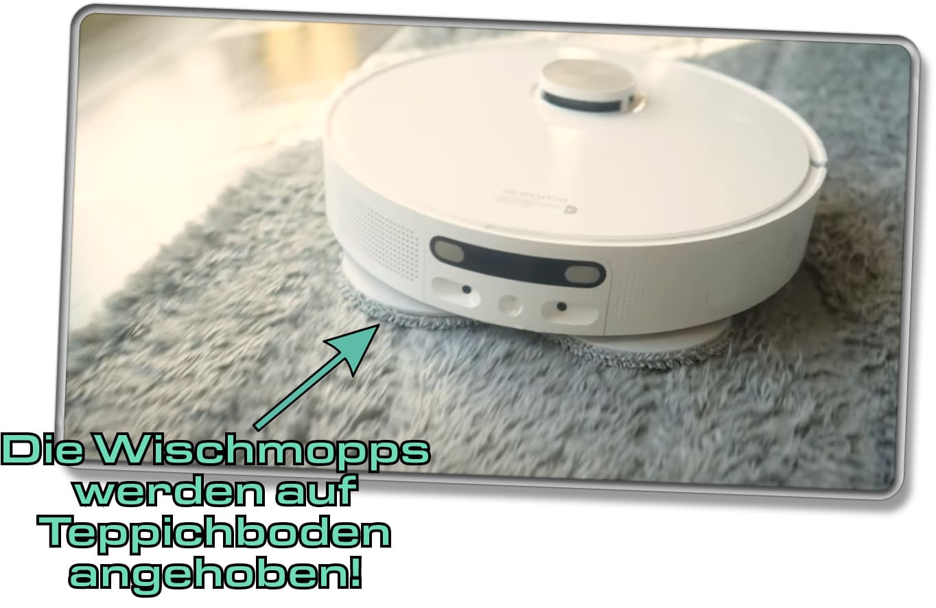 Auf Teppichboden hebt der Dreame L10 Ultra seine rotierenden Wischmopps an