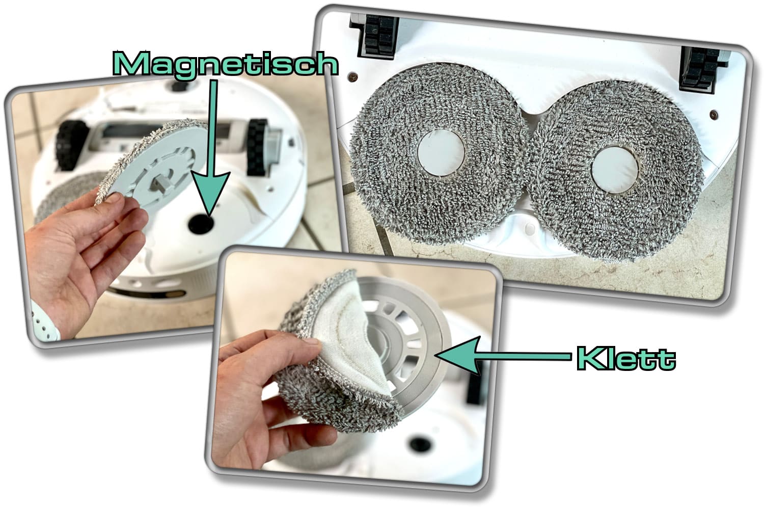 Die tellerrunden Wischmopps des Dreame L10 Ultra lassen sich abnehmen und die Wischpads kann man in die Waschmaschine geben