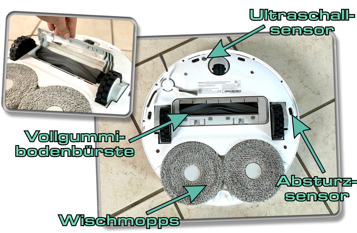 Die Vollgummibodenbürste lässt sich einfach entnehmen und von Schmutz befreien
