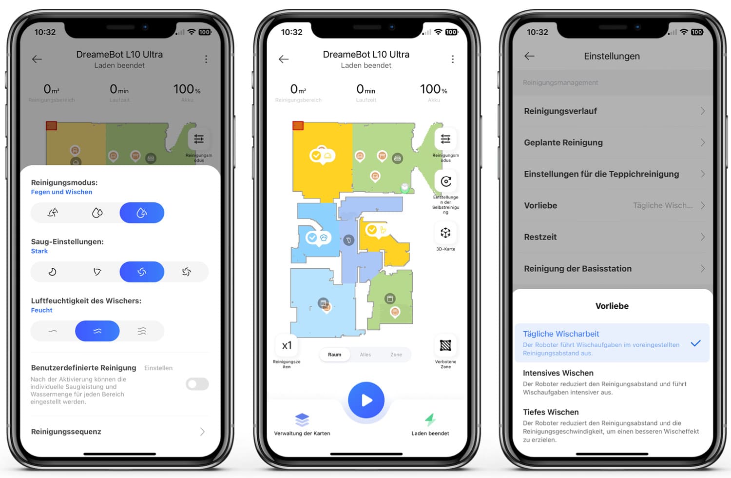 In der App stehen dir verschiedene Reinigungsmöglichkeiten und Individualisierungen zur Verfügung.