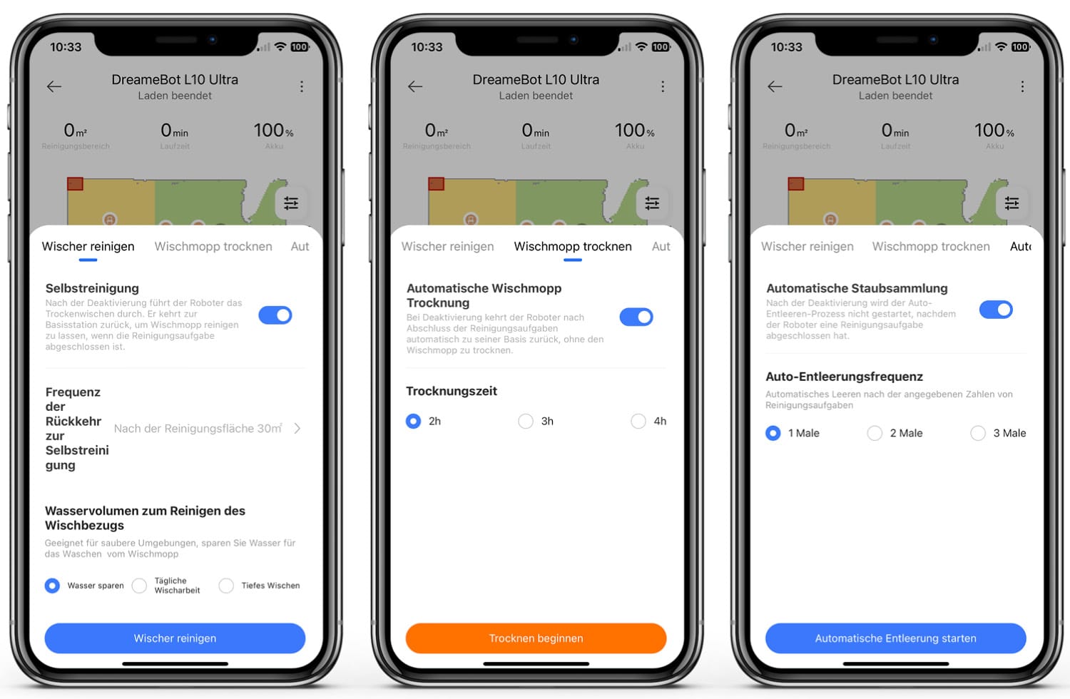 Die Multifunktions-Reinigungsstation des Dreame L10 Ultra bietet dir umfangreiche Einstellungsmöglichkeiten.