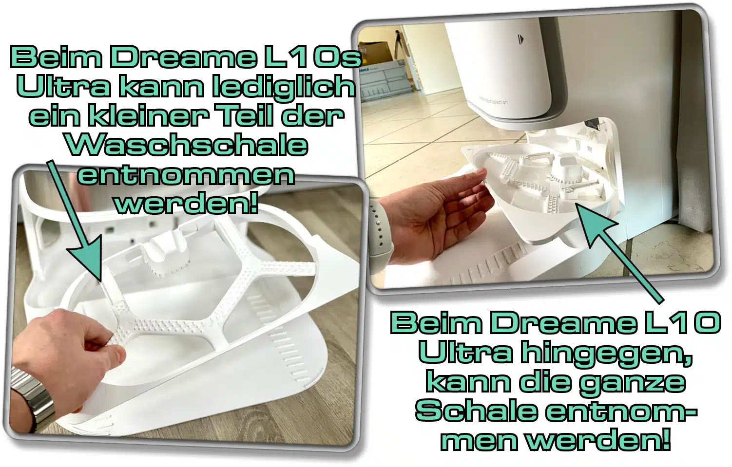 Dreame L10s Ultra - Lediglich ein kleiner Teil der Waschschale kann für die manuelle Reinigung entnommen werden. Beim Dreame L10 Ultra kann man die ganze Schale entnehmen.