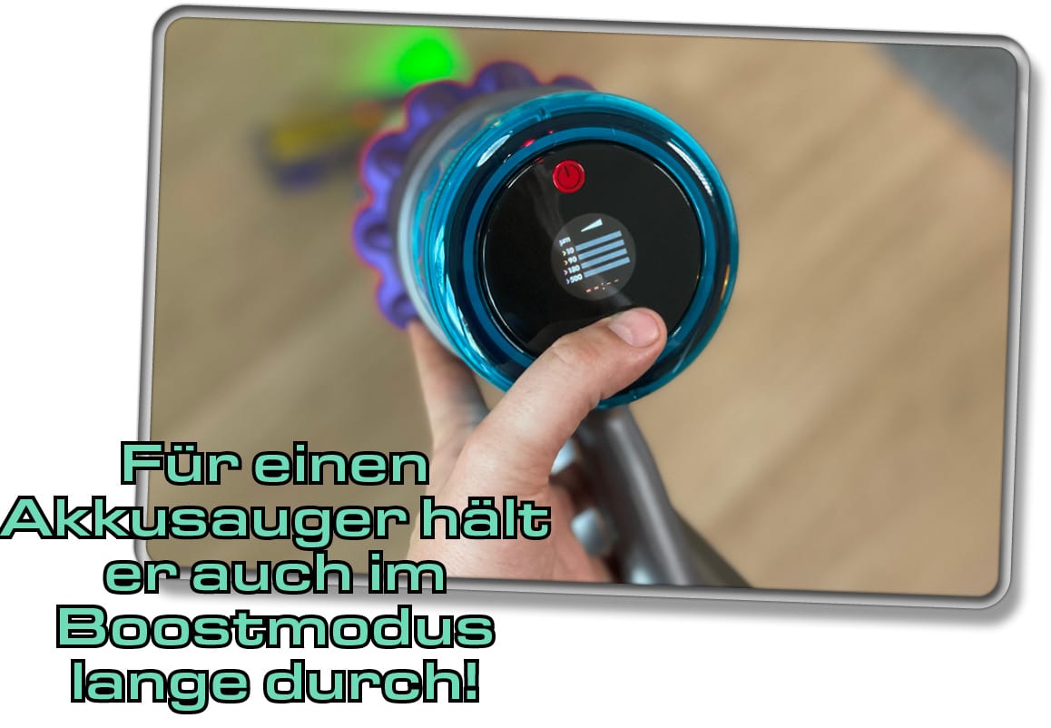 Dank der langen Akkulaufzeit kann lange gesaugt werden, bis der Akku mal leer ist.