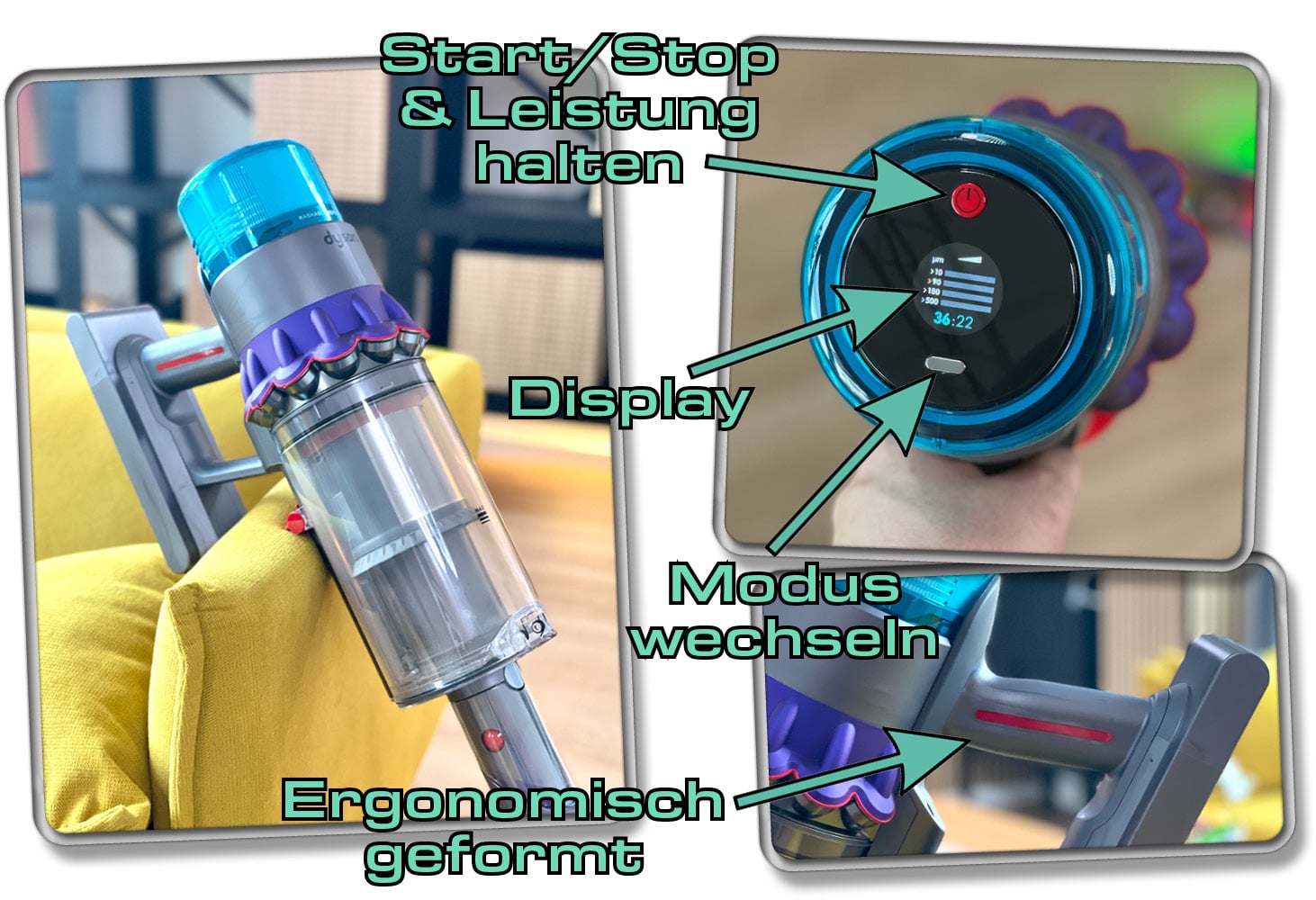 Dyson Gen5detect Absolute - Der Griff ist jetzt ergonomisch geformt und eine Taste hält die Leistung des Akkusaugers stabil