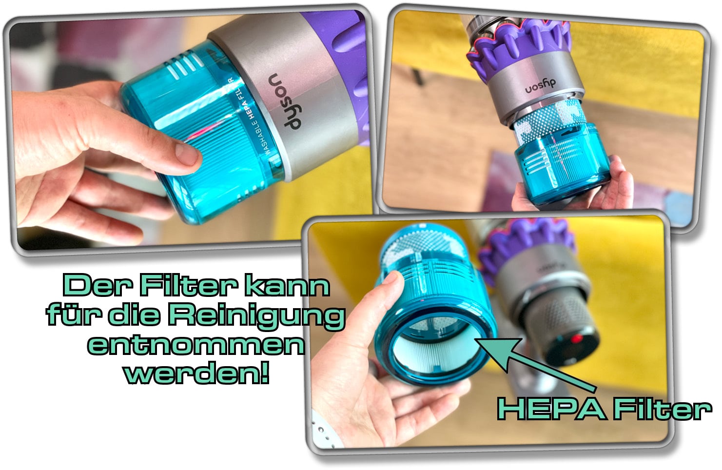 Der HEPA Filter des Akkusaugers ist um das Display herum gebaut.