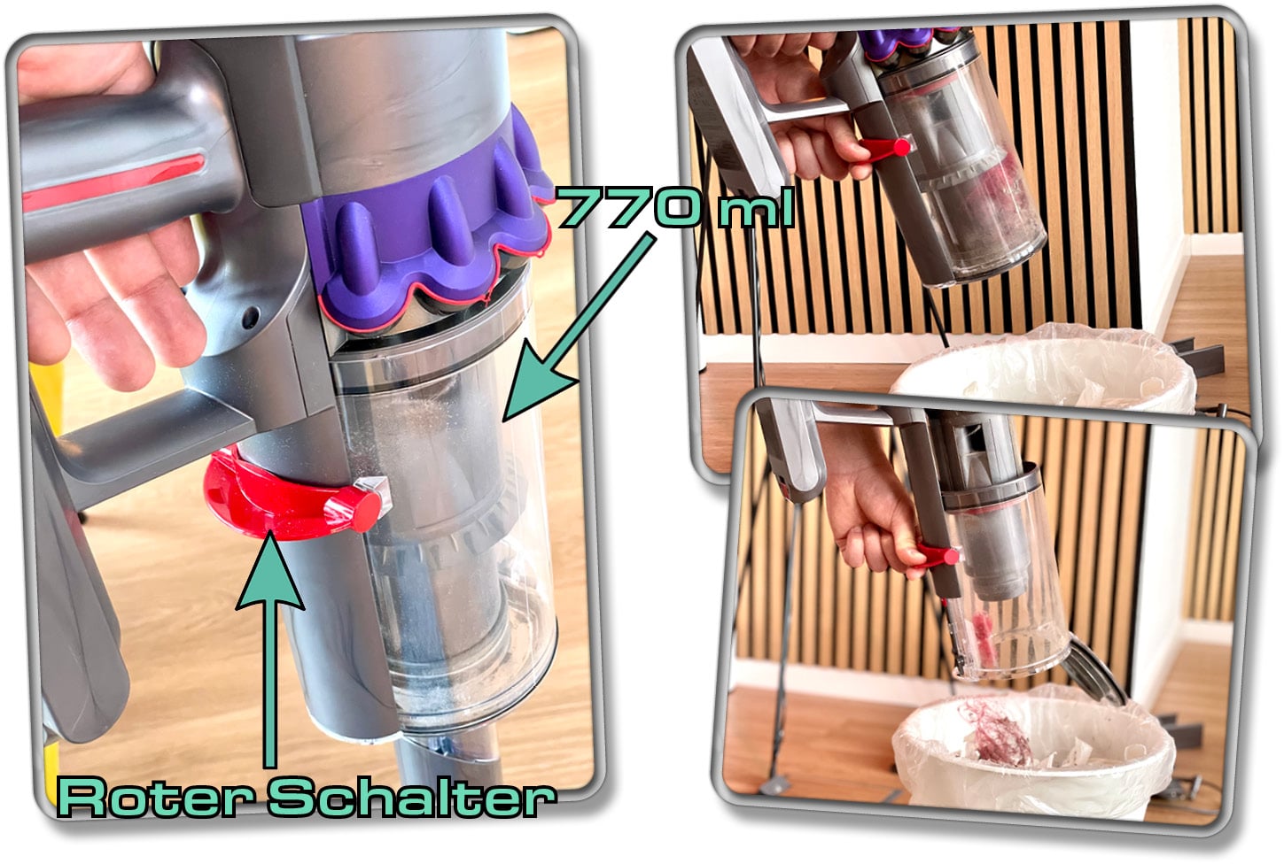 Dyson Gen5detect Absolute - Der Staubtank ist mit einem Volum von 770 ml groß und lässt sich komfortabel über einen roten Schalter, den man nach vorn drückt, entleeren.