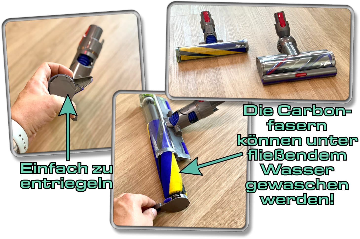 Die Fluffy Optic Düse kann leicht entnommen werden und ihre Carbonfasern unter fließendem Wasser gewaschen werden