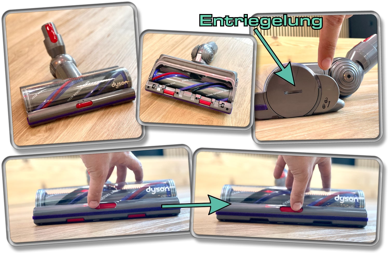 Dyson Gen5detect Absolute - Die extra für Teppichboden konzipierte Teppichbürste kann leicht entriegelt werden und verhindert das Aufwickeln von langen Haaren