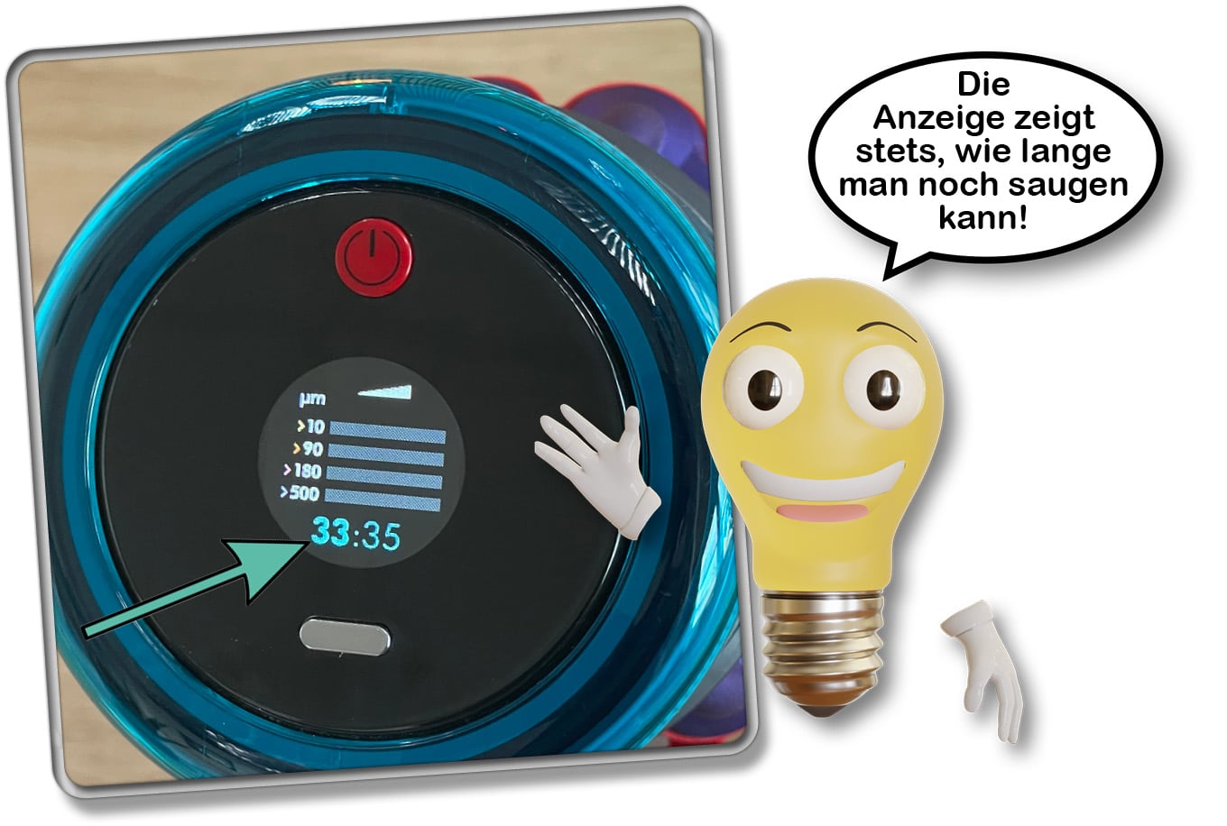 Dyson Gen5detect Absolute - Die praktische Akkustandanzeige zeigt, wie lange man noch saugen kann, bevor der Akku wieder aufgeladen werden muss!