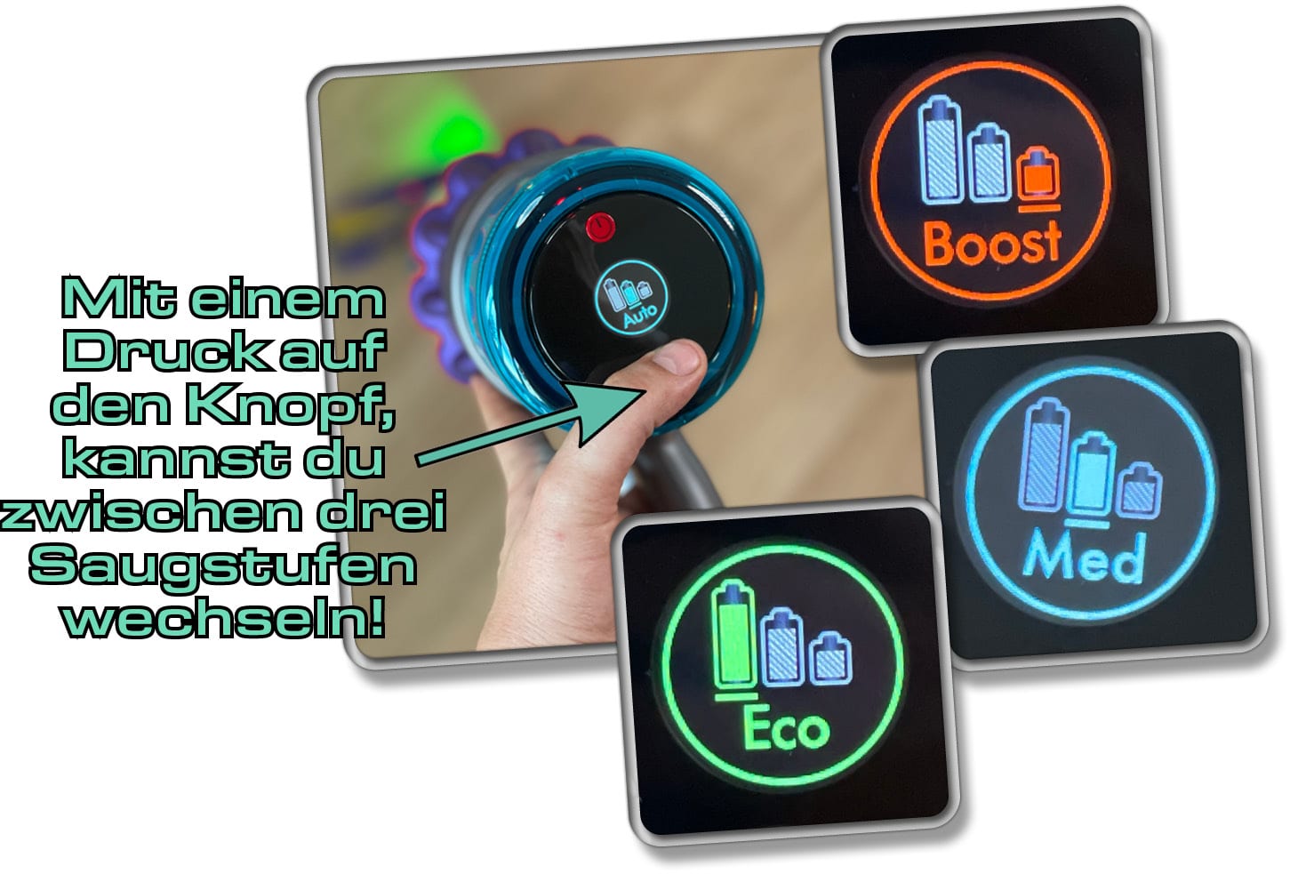 Drei unterschiedlich starke Saugstufen stehen dir zur Verfügung in vier unterschiedlichen Modi.