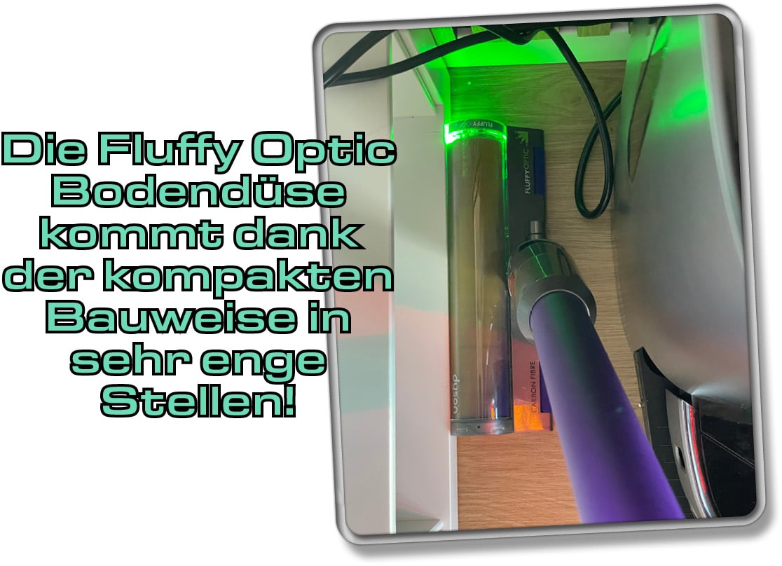 Dyson Gen5detect Absolute - Im aufrechten Zustand, kommt die Fluffy Optic Düse in sehr enge Stellen