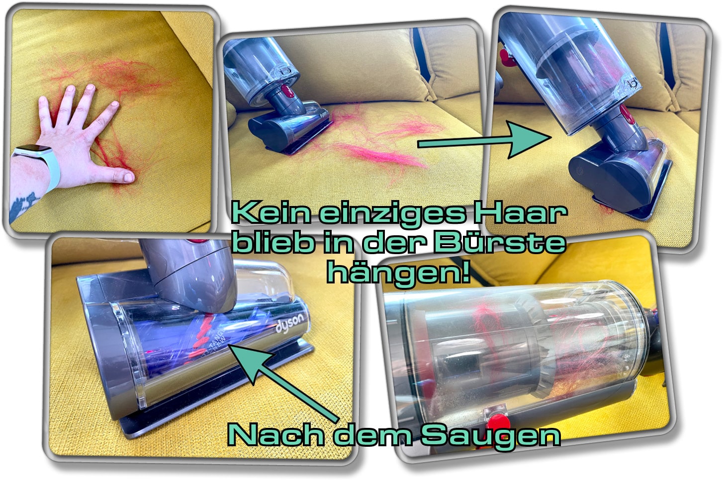 Dyson Gen5detect Absolute - Unser Test zeigt, dass sich auf die Bürste der Milbendüse keinerlei Haare verfangen! Top!