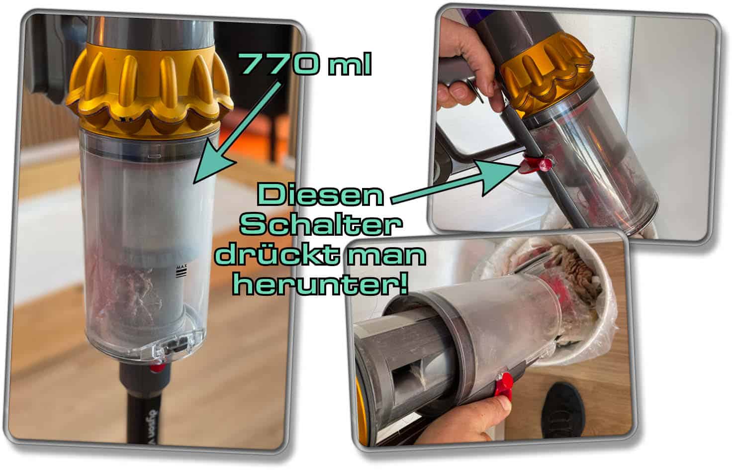 Dyson V15 detect Absolute - Der 770 ml große Staubtank lässt sich durch einen roten Schalter komfortabel entleeren!