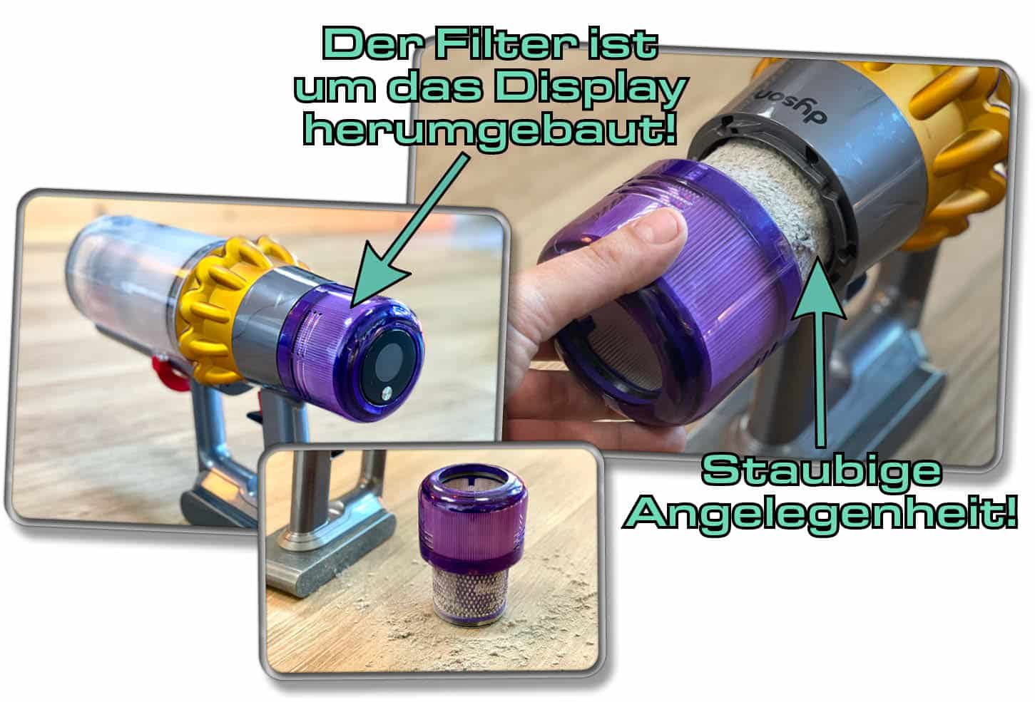 Dyson V15 detect Absolute - Der HEPA Filter ist um das Display herumgebaut. Dieser kann abgenommen und unter fließendem Wasser gereinigt werden.