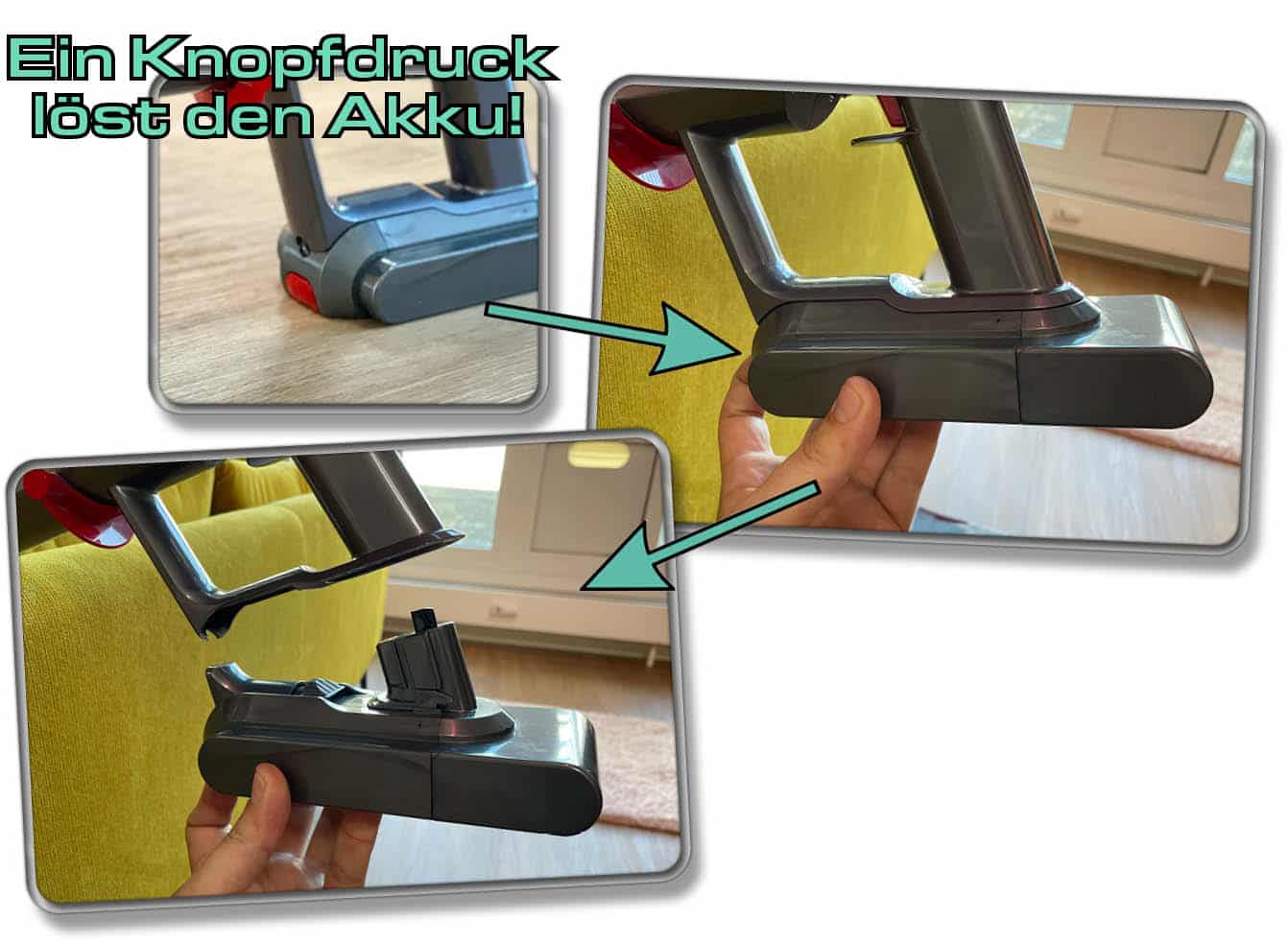 Dyson V15 detect Absolute - Der auswechselbare Akku lässt sich mit einem kleinen Knopfdruck von der Saugeinheit lösen.