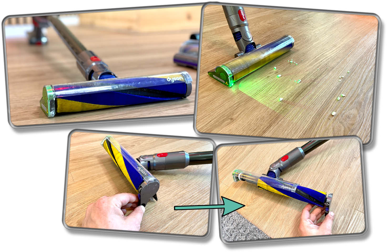Dyson V15 detect Absolute - Die Hartbodenbürste besitzt einen Laser, der feinste Staubkörner in Berge verwandelt.