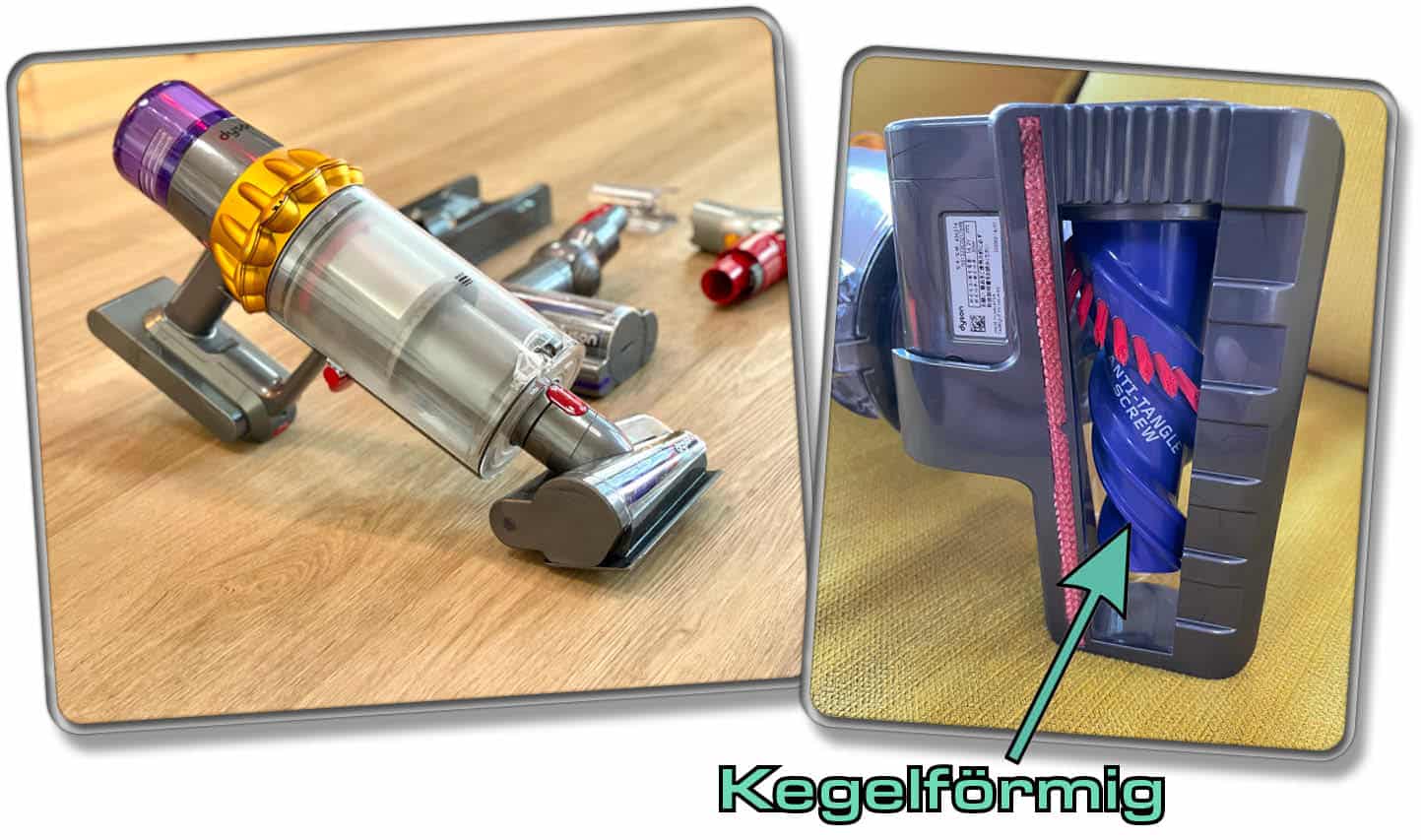 Dyson V15 detect Absolute - Die Kegelförmige motorisierte Milbenbürste soll Haare in den Tank transportieren