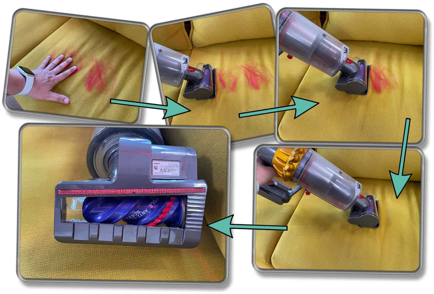 Dyson V15 detect Absolute - Die Milbendürste hat durch ihr kegelförmiges Design tatsächlich im Test nicht ein einziges Haar auf der Bürste aufgewickelt!
