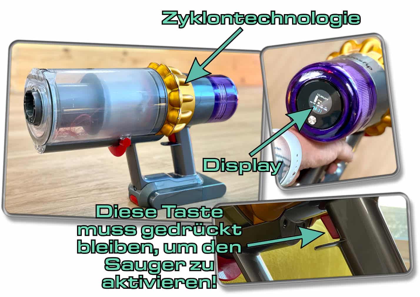 Dyson V15 detect Absolute - Die Saugeinheit besitzt eine Zyklontechnologie und ein Display samt Filter am Heck. Zudem muss der Knopf stetig gedrückt bleiben, damit der Sauger funtkioniert