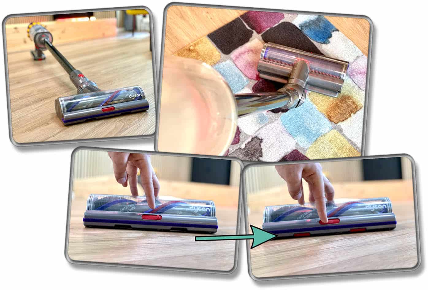 Dyson V15 detect Absolute - Die Teppichbürste ist ideal auf Teppichboden und wickelt kaum Haare auf.