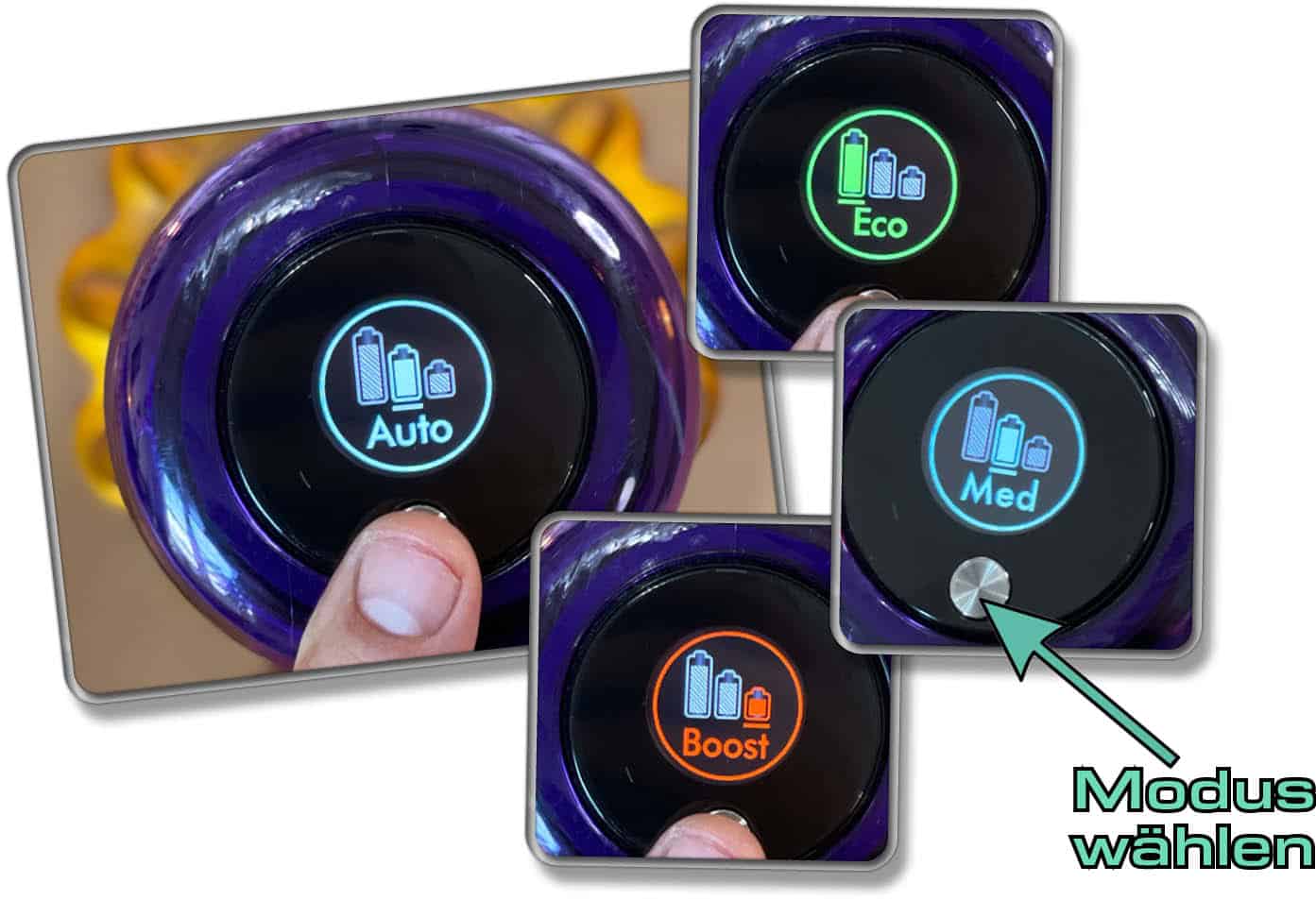 Dyson V15 detect Absolute - Durch Drücken des Knopfes, lässt sich der Modus verstellen.