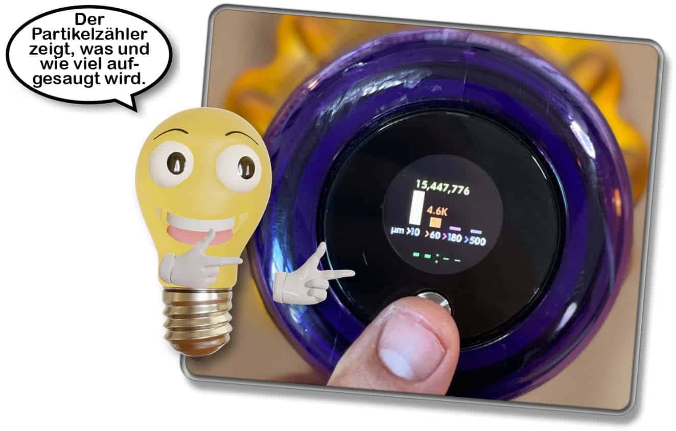 Dyson V15 detect Absolute - Ein Partikelzähler zeigt, wie viel und was genau aufgesaugt wird.