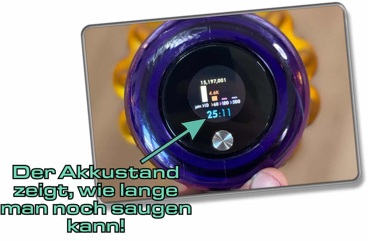 Dyson V15 detect Absolute - Eine Akkustandanzeige zeigt, wie lange man noch saugen kann, bevor er aufgeladen werden muss.