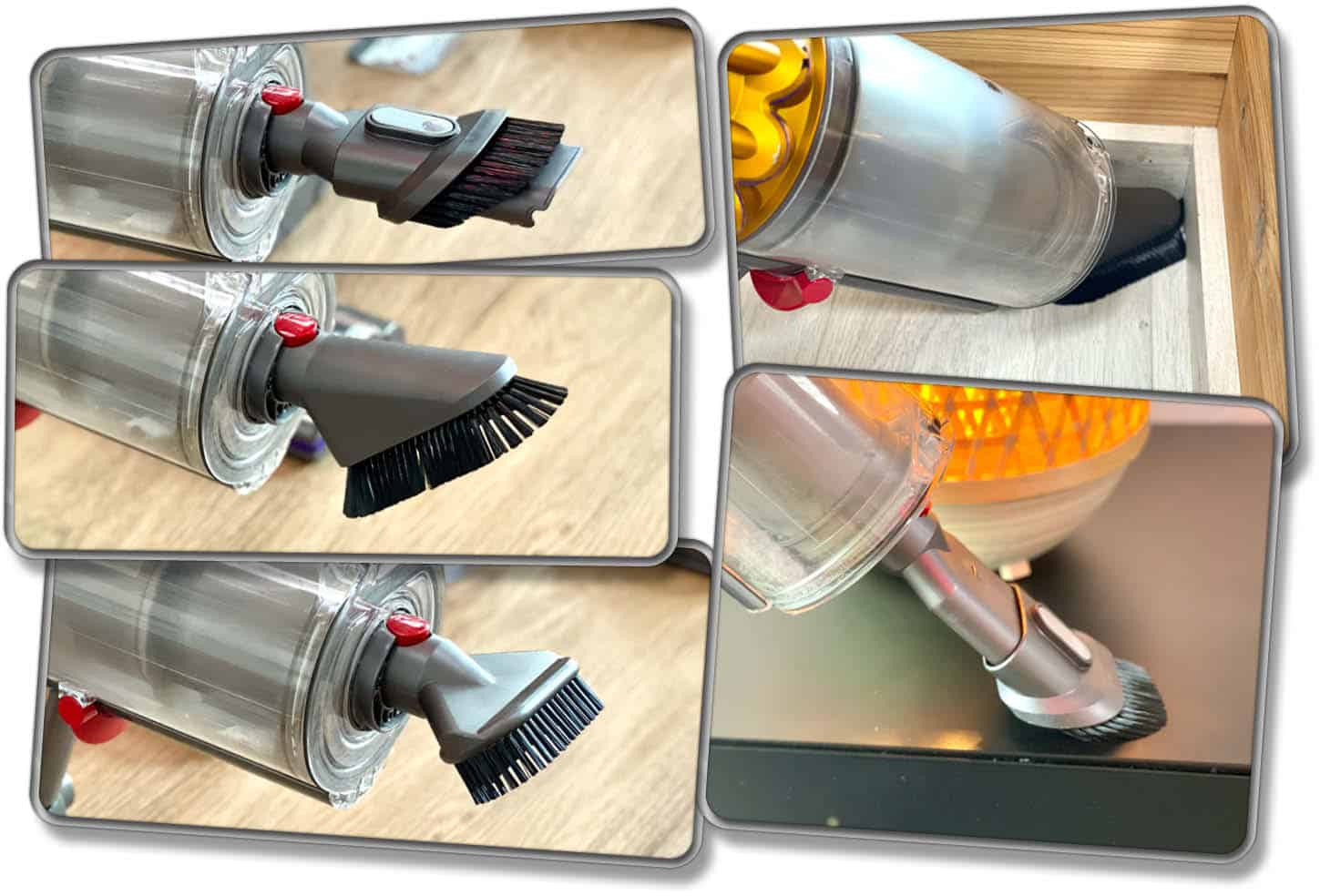 Dyson V15 detect Absolute - Im Lieferumfang liegen drei Düsen in verschiedenen Formen mit Borsten bei.