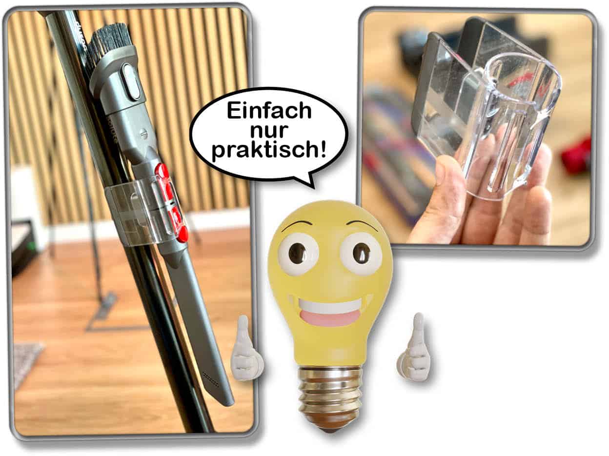 Dyson V15 detect Absolute - Mit der Zubehörhalterung lassen sich zwei Aufsätze am Saugrohr befestigen.