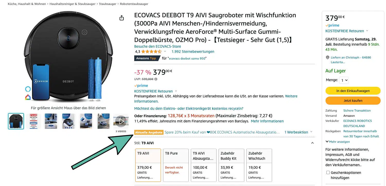 ECOVACS Deebot T9 AIVI mit Absaugstation im Angebot auf Amazon