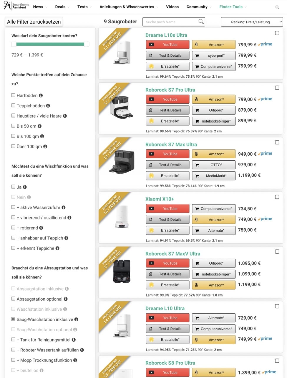 Saugroboter Finder mit gefilterten Ergebnissen zu Saugrobotern mit Multifunktionsreinigungsstation