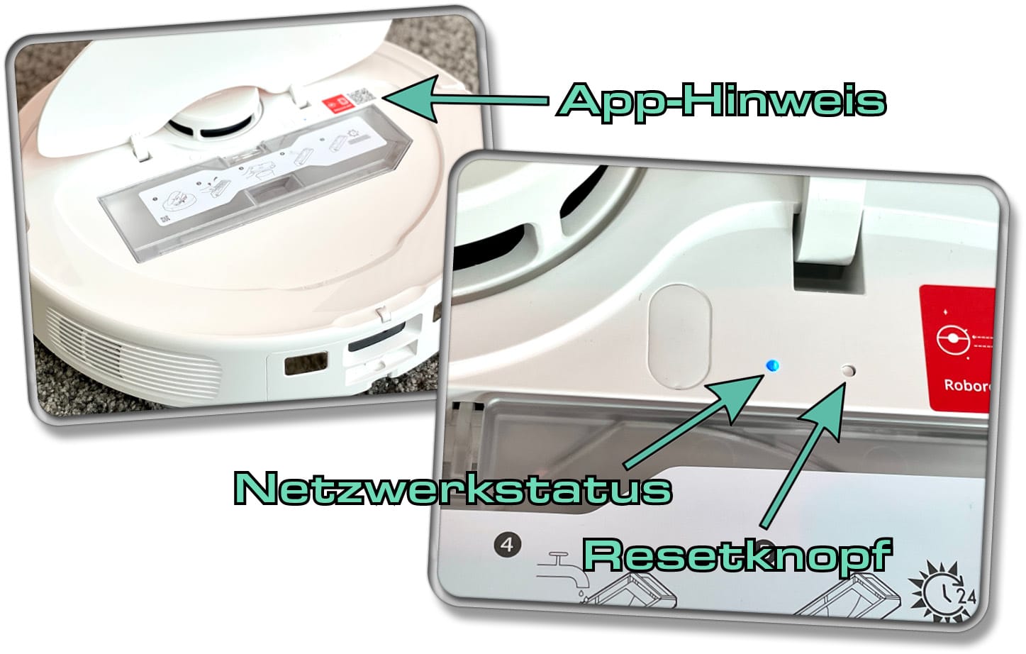 Roborock Q Revo – Unter der Klappe findest du den Staubbehälter, eine Leuchte für den Netzwerkstatus, ein App-Hinweis und ein Resetknopf