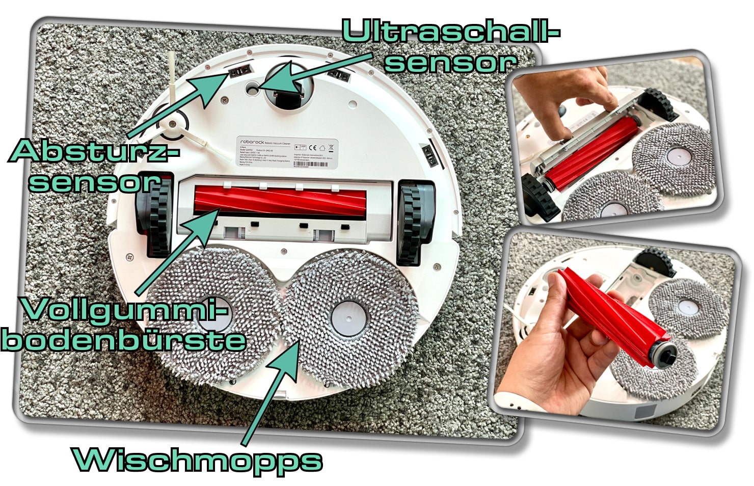 Auf der Unterseite des Roborock Q Revo erkennst du allerlei Dinge. Die Vollgummibodenbürste lässt sich zudem einfach entnehmen und von Schmutz befreien