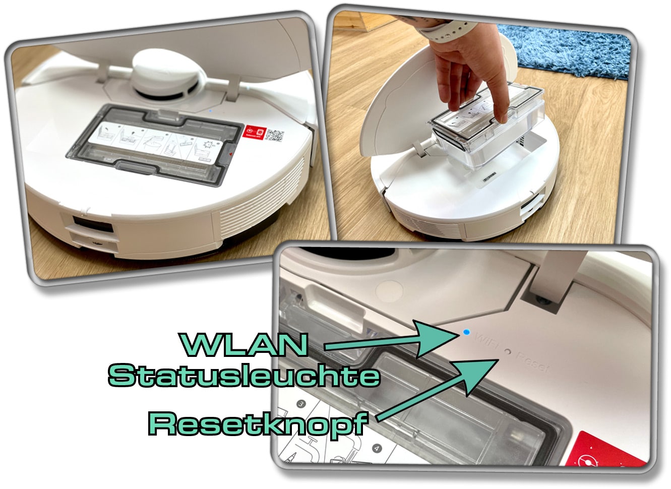 Roborock S7 Max Ultra - Unter der Haube findet man eine WLAN Statusleuchte, einen Resetknopf und natürlich den einfach entnehmbaren Staubbehälter.