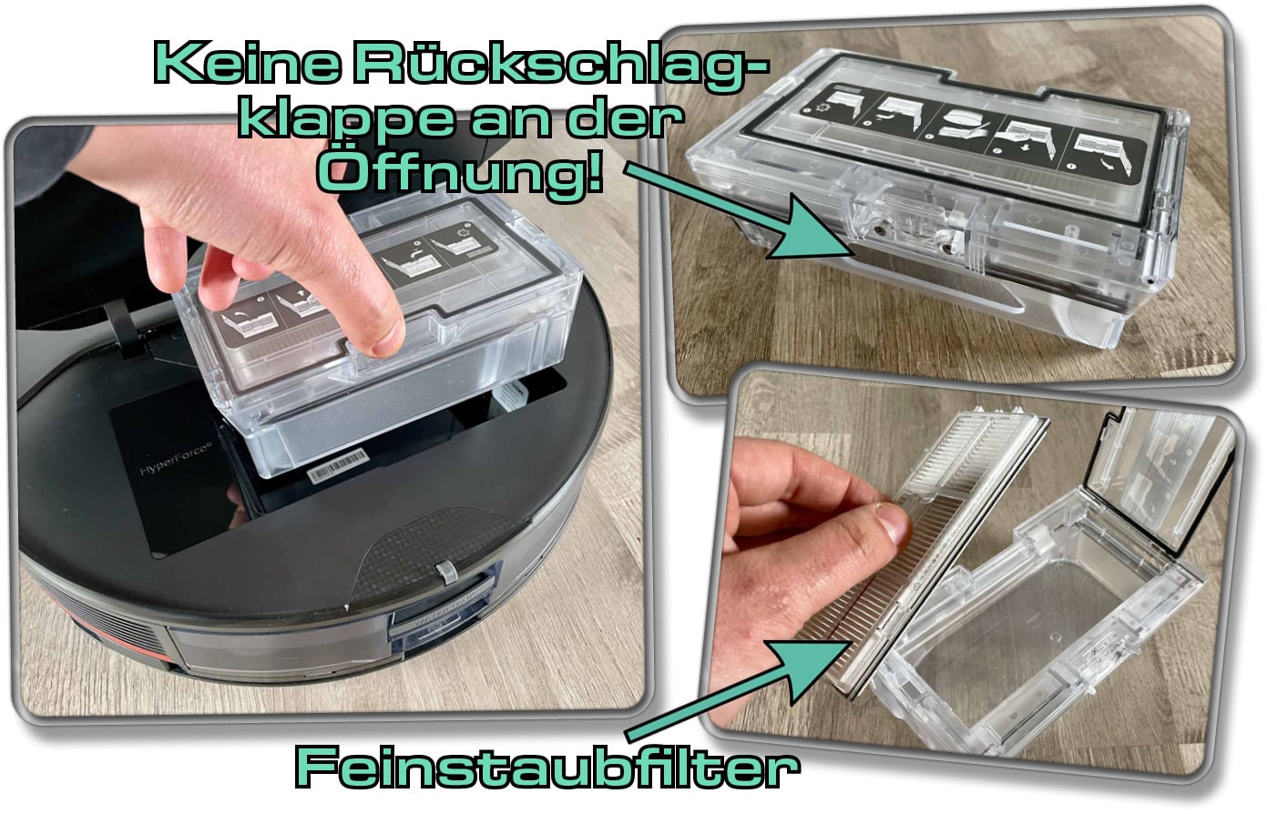 Roborock S7 MaxV Ultra - Der Staubbehälter kann leicht entnommen werden und besitzt einen Feinstaubfilter. Die Station übernimmt die Entleerung vollständig.