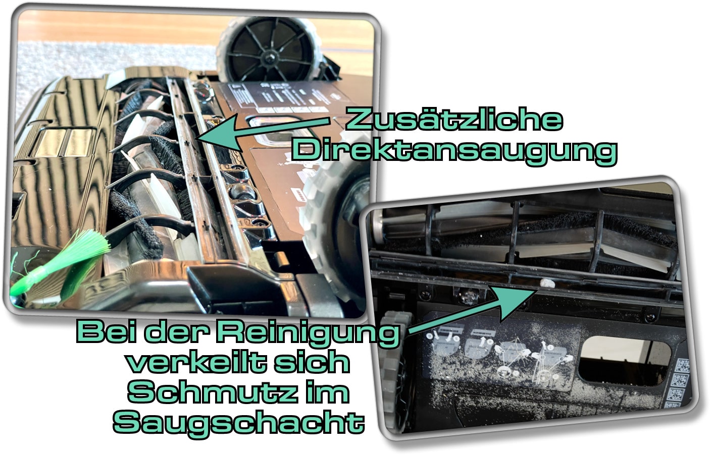 Der Kobold VR7 besitzt hinter der Bürste eine weitere Direktansaugung. Diese setzt sich jedoch oft mit grobem Schmutz zu.